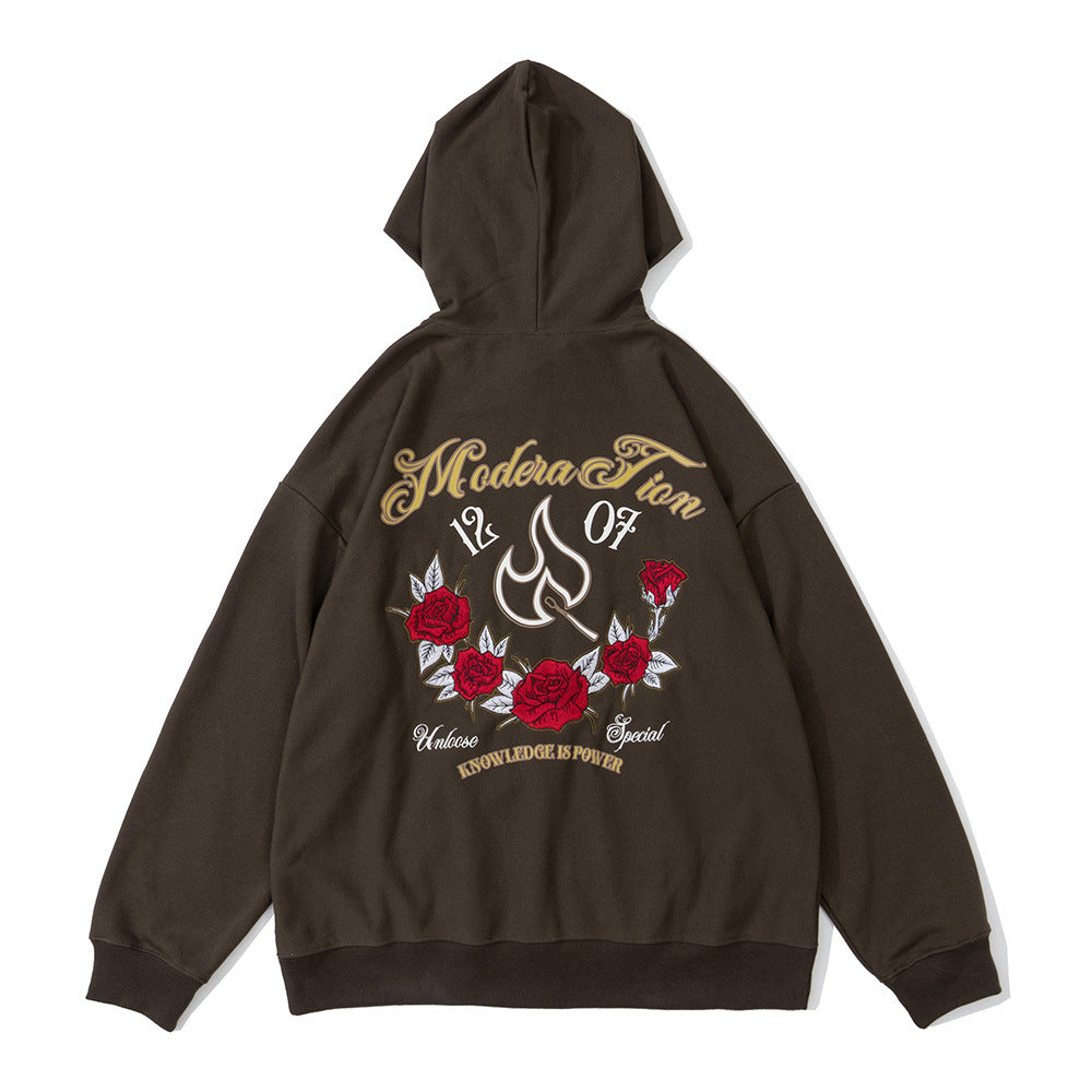 Men's Casual Sports Pullover Embroidered Rose Red Hooded Sweater