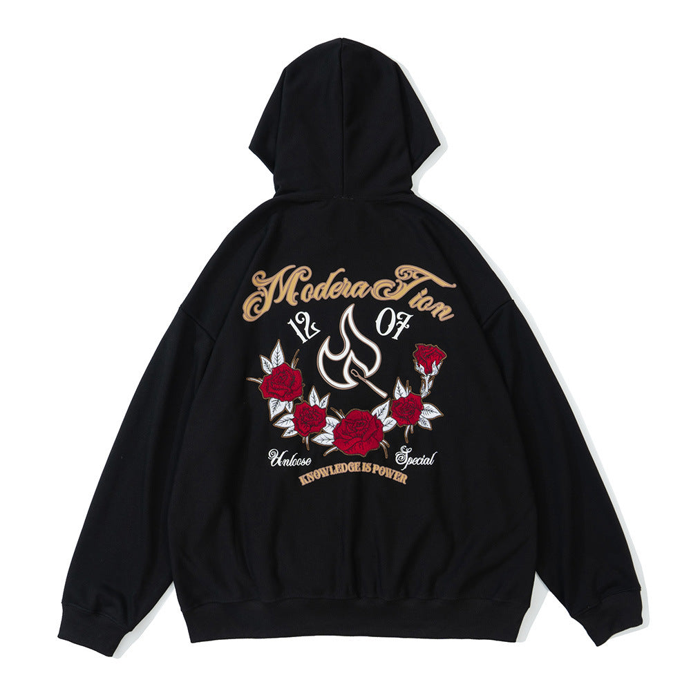Men's Casual Sports Pullover Embroidered Rose Red Hooded Sweater