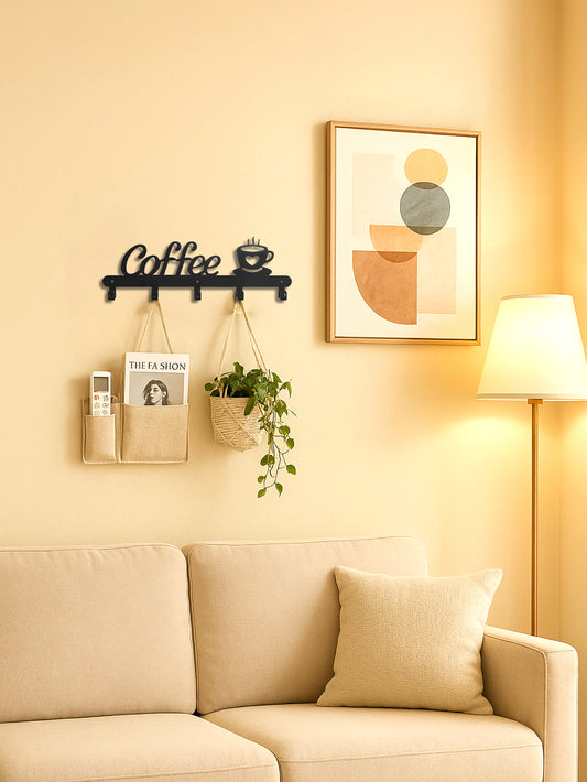 Metal Coffee Mug Holder Rack Wall-Mounted With Hooks For Cups & Coats