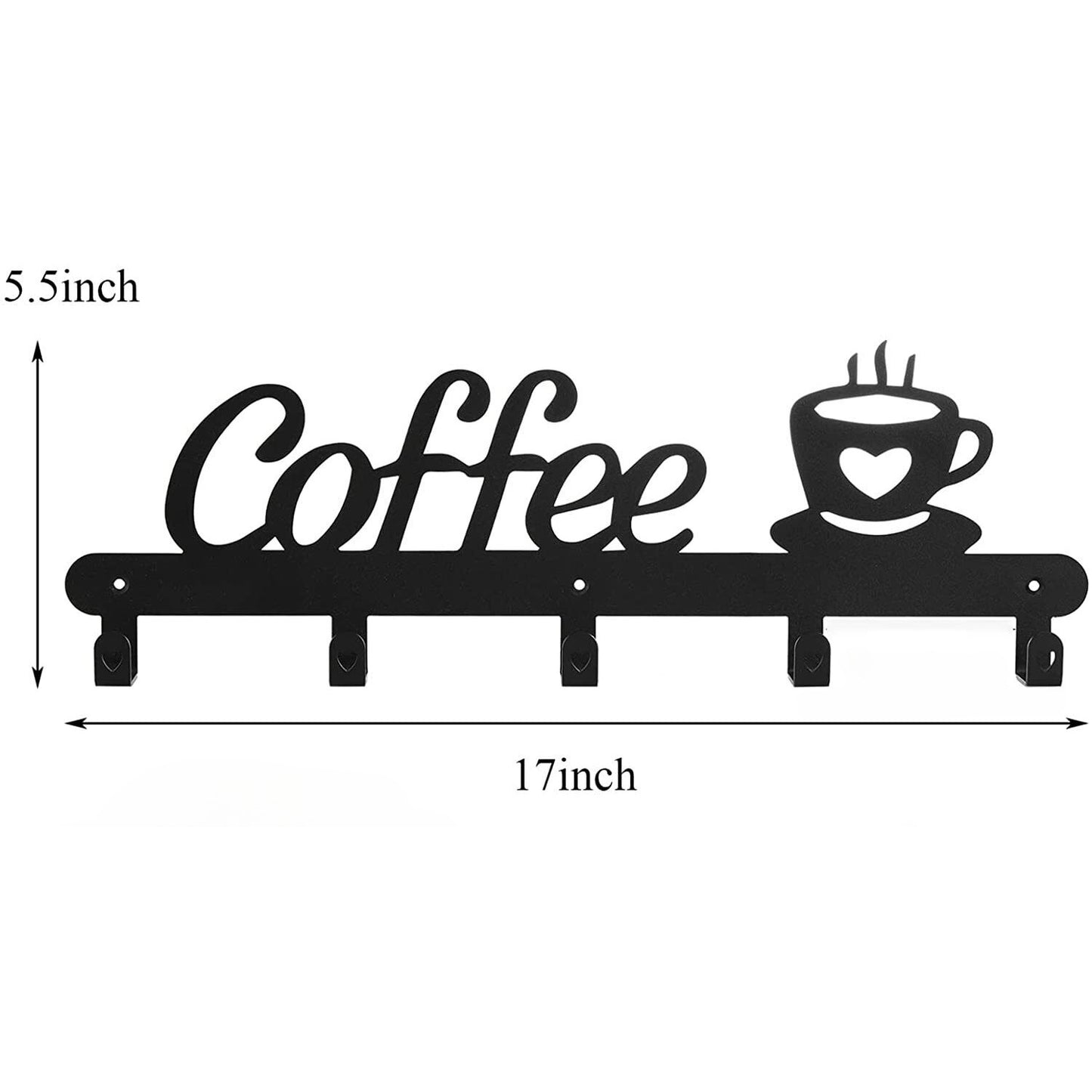 Metal Coffee Mug Holder Rack Wall-Mounted With Hooks For Cups & Coats